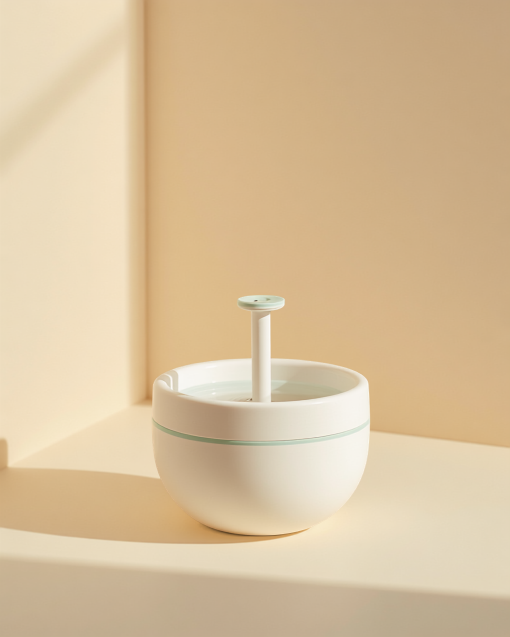 PureFlow Automatic Cat Water Fountain - white pet fountain with mint accent on cream background